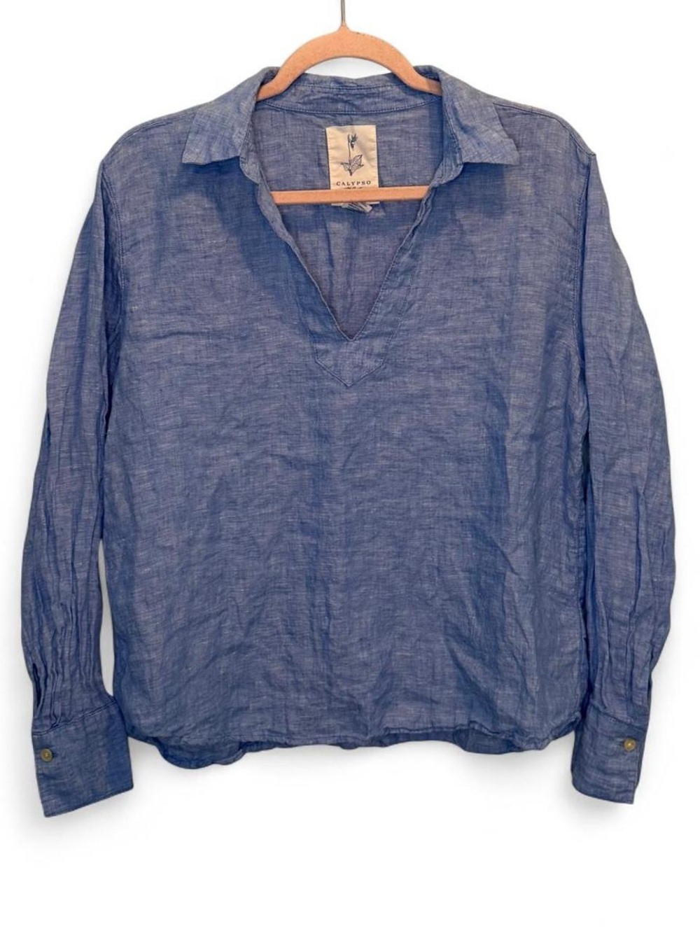 Calypso St. Barth Blue 100% Linen Split V Neck Tunic Blouse Medium Resortwear